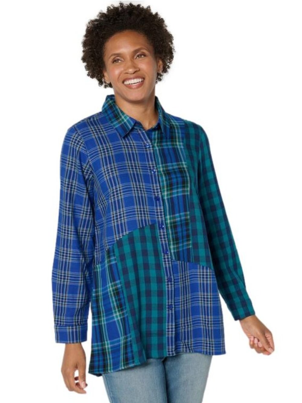 Coldwater Creek Into the Mix Plaid Tunic Stargazer Blue L New